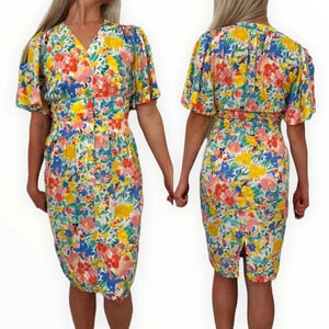 Vintage Nora Noh colorful floral silk midi dress/flutter sleeve button front 4